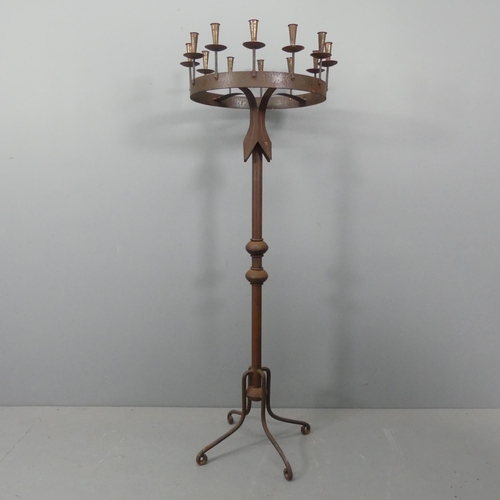 2271 - A Gothic style wrought iron floor-standing candelabra. 50x156cm.