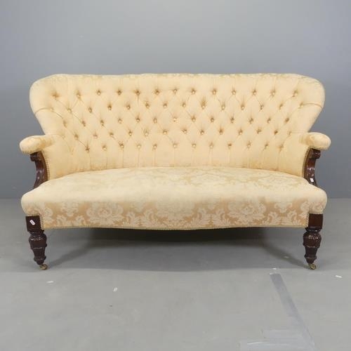 2279 - A late Victorian mahogany and button-back upholstered settee. Overall 168x93x85cm, seat 128x40x60cm.