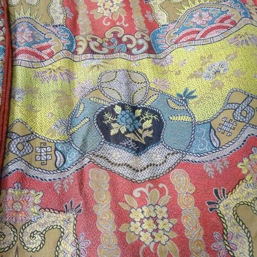 2327 - 2 pairs of lined, interlined, padded and weighted oriental design curtains, purchased from a Surrey ... 