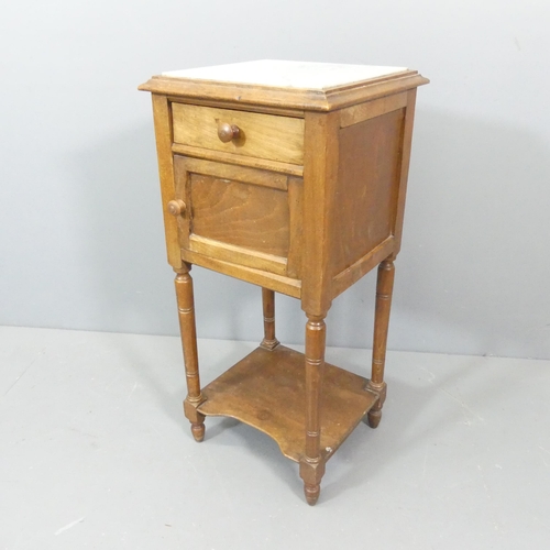 2364 - A French oak marble topped pot cupboard. 39x84x37cm.