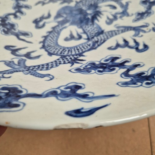 984 - A Chinese blue and white charger, with dragon decoration, diameter 37cm, with Qianlong? blue charact... 