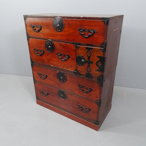 2365 - A Japanese kiri-wood two-section Tansu chest of four long drawers, with cupboard door revealing two ... 