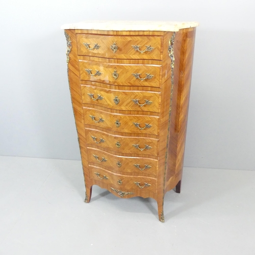 2368 - A French Kingwood and satinwood inlaid marble top semainier chest of seven drawers, with brass ormol... 