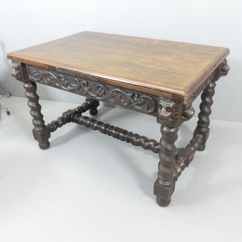 2369 - A 19th century French oak draw-leaf table, with applied carved lion mask and acanthus leaf decoratio... 