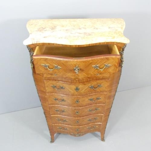 2368 - A French Kingwood and satinwood inlaid marble top semainier chest of seven drawers, with brass ormol... 