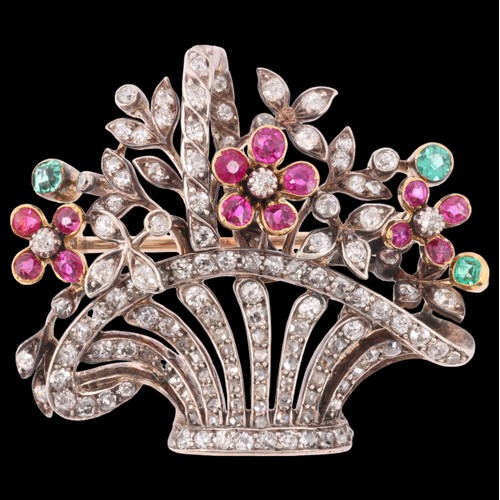 2 - A Belle Epoque Diamond and Gem-Set 'Giardinetto' Brooch/Pendant,

designed as a basket of flowers, t... 