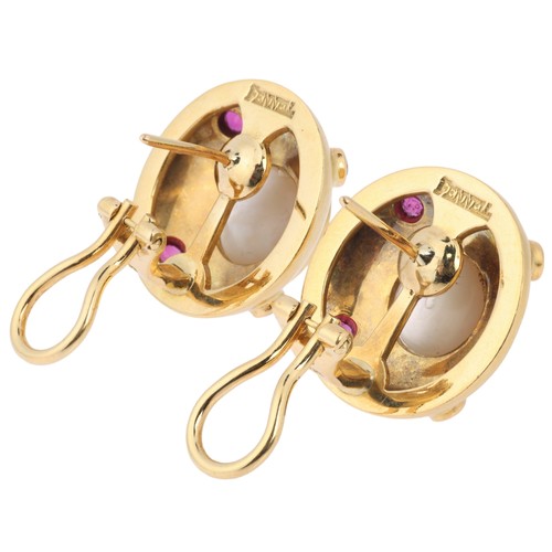 1 - THEO FENNELL - A Pair of Mabe Pearl and Ruby Earrings,

circular form, each set with round Mabe pear... 