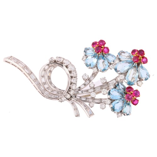 4 - An Aquamarine, Ruby and Diamond Floral Spray Brooch,

circa 1950s, set with pear cut aquamarine peta... 