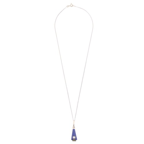 6 - An Art Deco Lapis Lazuli and Diamond Pendant Necklace,

of arrowhead form set with a triangular face... 