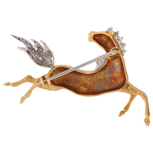 12 - A Vintage Diamond Horse Brooch,

designed as a leaping horse, set with eight-cut diamond tail and ma... 