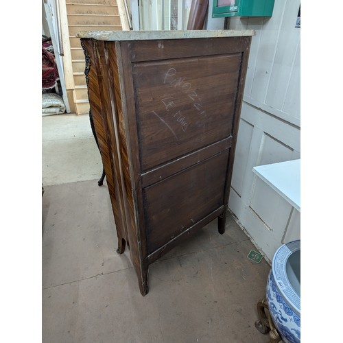 2368 - A French Kingwood and satinwood inlaid marble top semainier chest of seven drawers, with brass ormol... 