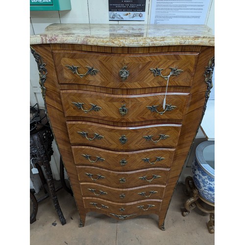 2368 - A French Kingwood and satinwood inlaid marble top semainier chest of seven drawers, with brass ormol... 