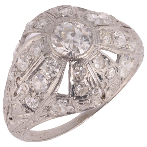 54 - An Art Deco Diamond Bombe Ring,

circa 1930, the bombe set with round brilliant and transitional cut... 