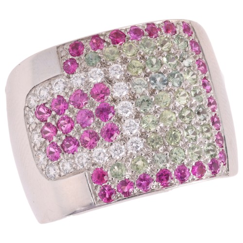 25 - RITZ FINE JEWELLERY - A Pink and Green Sapphire and Diamond Ring,

designed as a belt buckle set wit... 