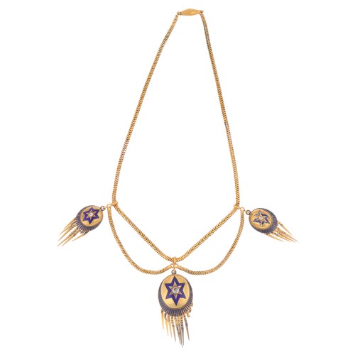 49 - An Antique Victorian Diamond and Enamel Etruscan Revival Festoon Necklace,

circa 1880, comprising a... 