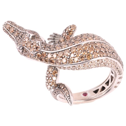 11 - ROBERTO COIN - A Cinnamon Diamond 'Animalier' Crocodile Ring,

designed as a crocodile with curled t... 