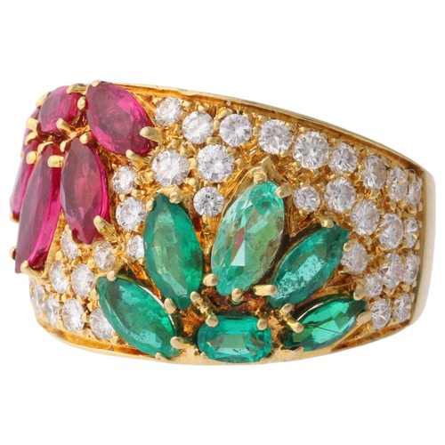 28 - An Emerald, Ruby and Diamond Ring,

set with marquise and oval cut emerald and ruby flowerheads, the... 