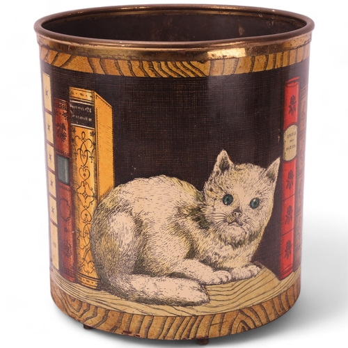 100 - An early Piero Fornasetti waste bin, cat and mouse on bookshelf in full colours, makers mark to base... 