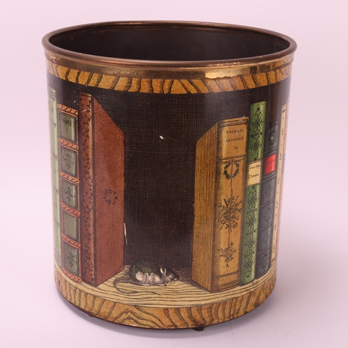 100 - An early Piero Fornasetti waste bin, cat and mouse on bookshelf in full colours, makers mark to base... 