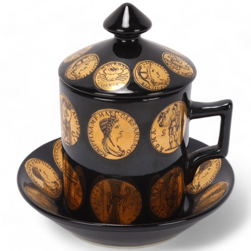 102 - PIERO FORNASETTI (1913-88), a Zodiac series latte cup with cover and saucer, makers mark to base of ... 