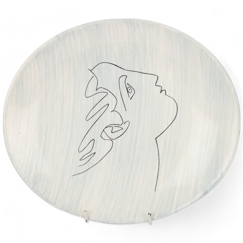 126 - A Picasso print plate by Salins, France, elliptical plate circa 1950s', with mottled white/blue glaz... 