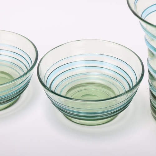 13 - BARNABY POWELL (1891-1939) for Whitefriars, a pair of pale blue and green swirl glass bowls and a fl... 