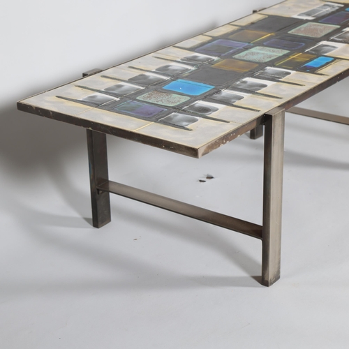 244 - JULIETTE BELARTI, 1970s' tile top coffee table, on polished steel frame, signed in corner, top 125 x... 