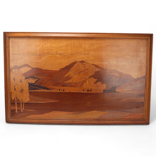 206 - An early 20th century Art Deco marquetry panel in the manner of Rowley Gallery, of Kilchurn Castle, ... 