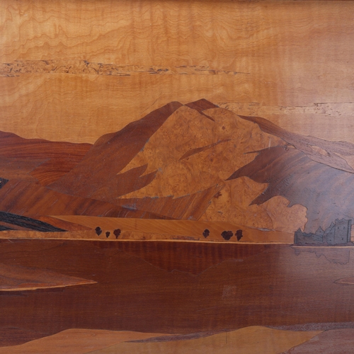 206 - An early 20th century Art Deco marquetry panel in the manner of Rowley Gallery, of Kilchurn Castle, ... 