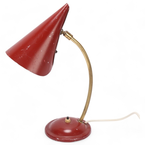 235 - A 1950s'/60s' wall or desk lamp with brass stem and red steel shade, height 33cm