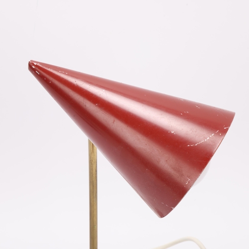 235 - A 1950s'/60s' wall or desk lamp with brass stem and red steel shade, height 33cm