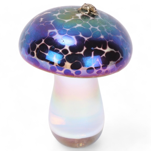 253 - JOHN DITCHFIELD, a hand made glass toadstool with hallmarked silver toad on top, signed to base with... 