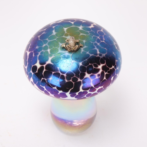 253 - JOHN DITCHFIELD, a hand made glass toadstool with hallmarked silver toad on top, signed to base with... 