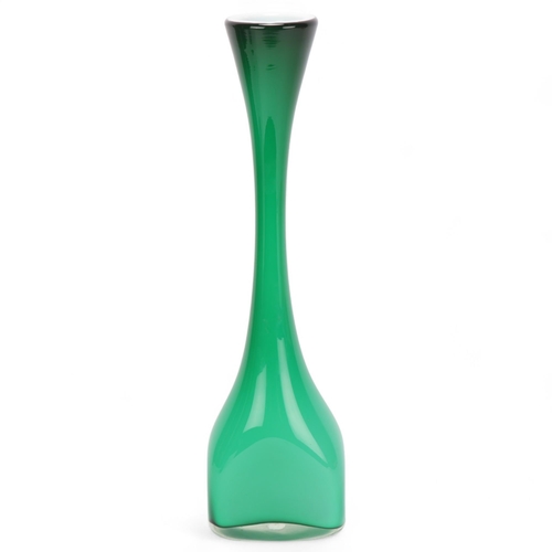 257 - A mid 20th century hand blown green glass vase with white interior, polished pontil to base, height ... 