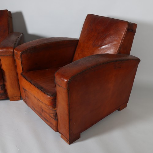 44 - A Pair of mid 20th century leather club chairs, in the style of JACQUES ADNET, height 75cm, depth 90... 