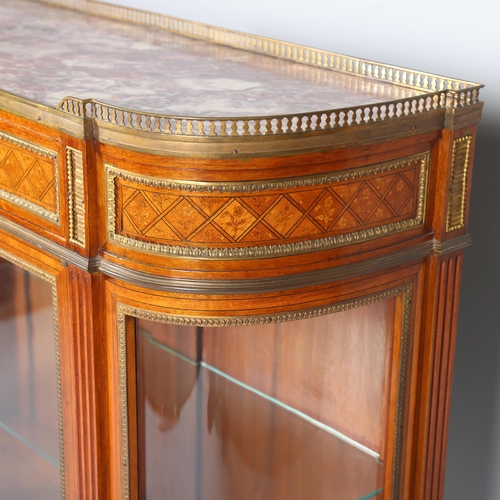 372 - A fine quality French walnut and marquetry inlaid vitrine cabinet, circa 1900, the marble top having... 