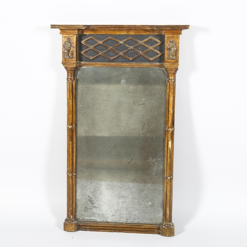 486 - A Regency style giltwood pier mirror, inverted break-front cornice, lattice moulded decoration and t... 