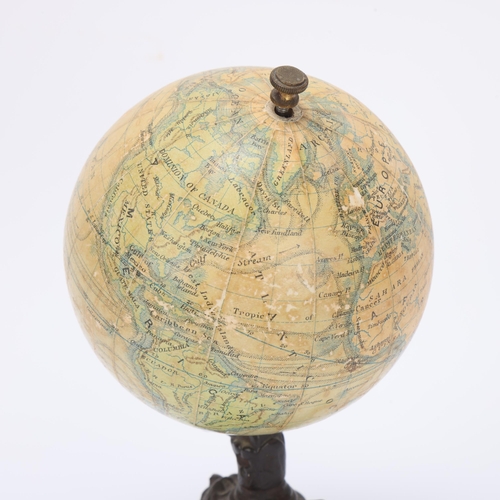 305 - A miniature 19th century desk-top terrestrial globe, by J Lebegue of Paris, on relief cast bronze li... 