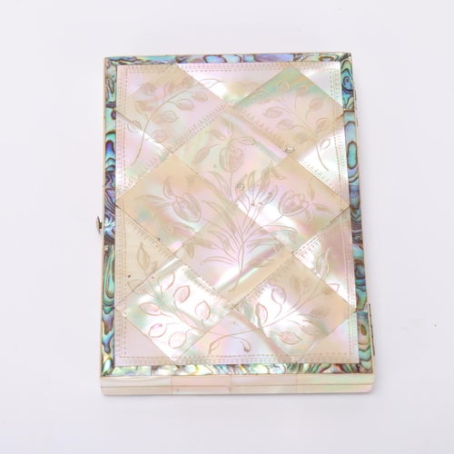 306 - A 19th century mother-of-pearl and abalone card case, engraved floral decoration with original secti... 