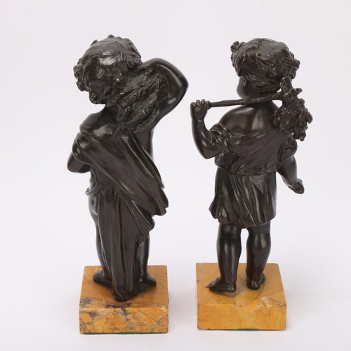 318 - Pair of 19th century patinated bronze Classical putti sculptures, unsigned, on coloured marble bases... 