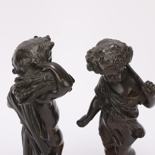 318 - Pair of 19th century patinated bronze Classical putti sculptures, unsigned, on coloured marble bases... 