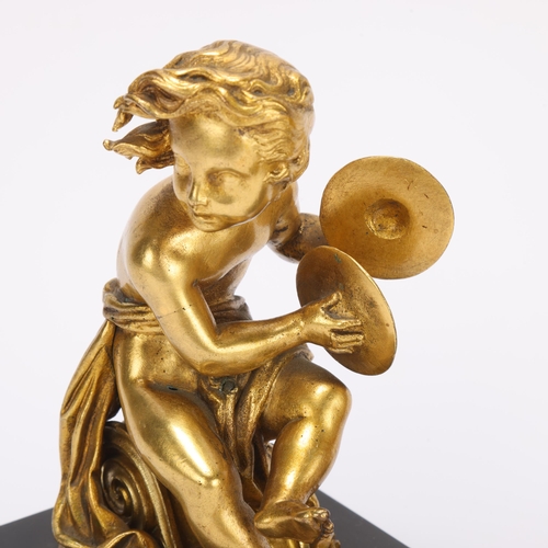 319 - Pair of 19th century gilt-bronze musical putti sculptures, unsigned, on black marble plinths, height... 