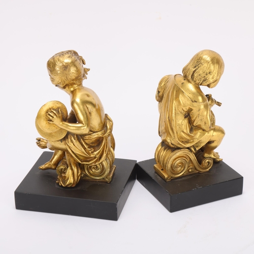 319 - Pair of 19th century gilt-bronze musical putti sculptures, unsigned, on black marble plinths, height... 