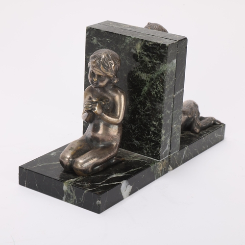 320 - Henry Fugere (1872 - 1944), pair of green marble bookends surmounted by silver patinated bronze figu... 