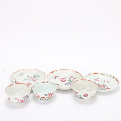 329 - 3 Chinese white glaze porcelain tea bowls and saucers, with painted flowers, largest bowl diameter 7... 