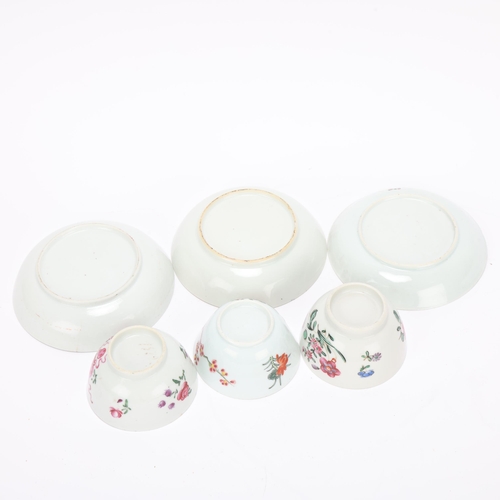 329 - 3 Chinese white glaze porcelain tea bowls and saucers, with painted flowers, largest bowl diameter 7... 