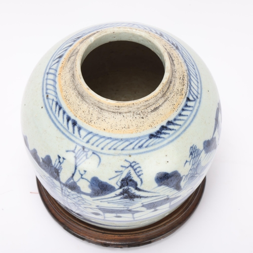 332 - A Chinese blue and white porcelain jar, on carved wood stand, overall height 18cm, no lid