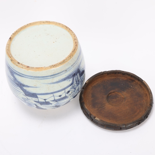 332 - A Chinese blue and white porcelain jar, on carved wood stand, overall height 18cm, no lid