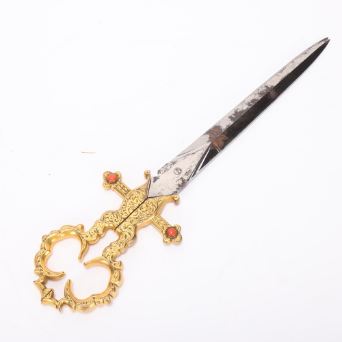 333 - Fine quality Renaissance style scissors/dagger, steel with engraved and gilded handle set with coral... 