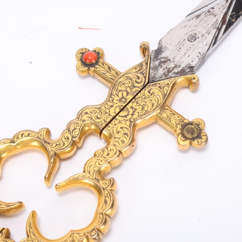 333 - Fine quality Renaissance style scissors/dagger, steel with engraved and gilded handle set with coral... 